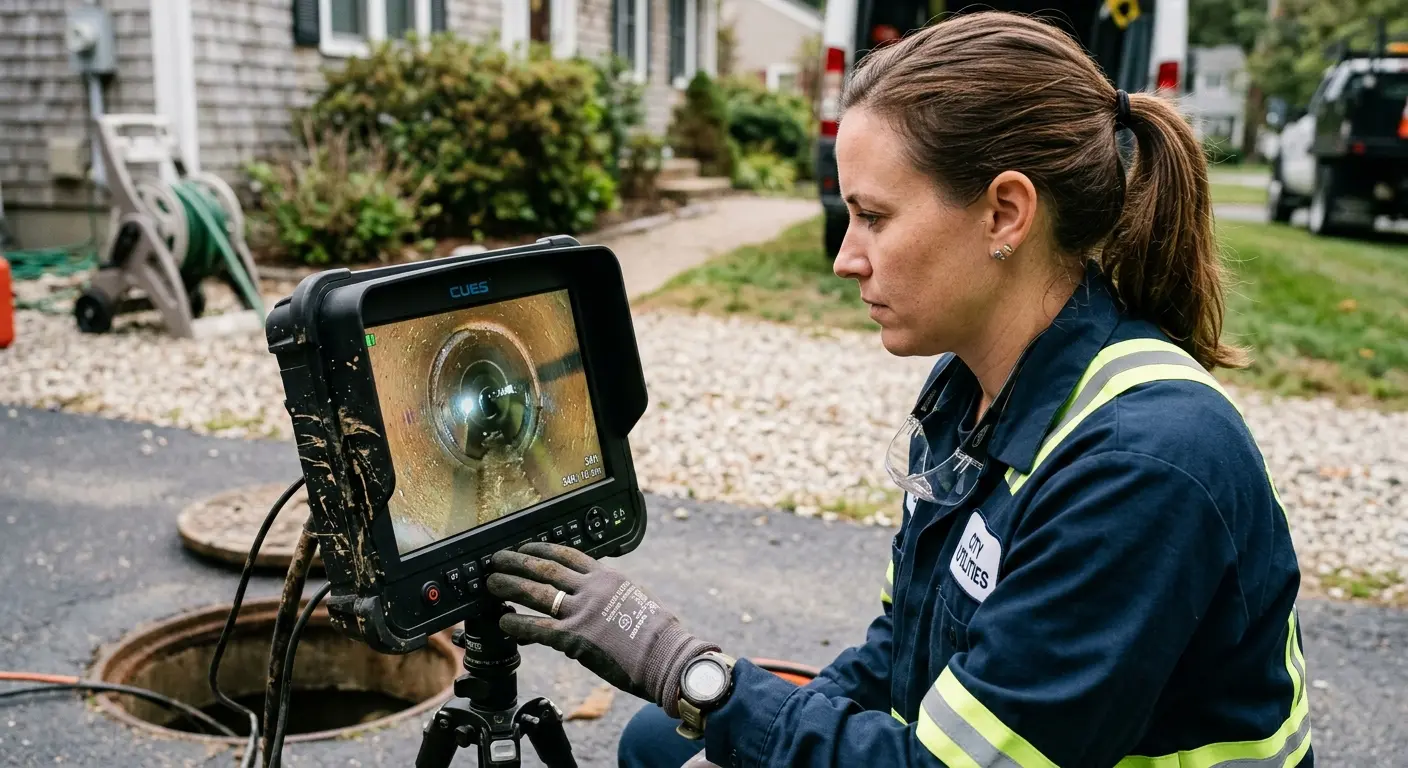 Technician reviewing sewer camera inspection footage in Flatwoods