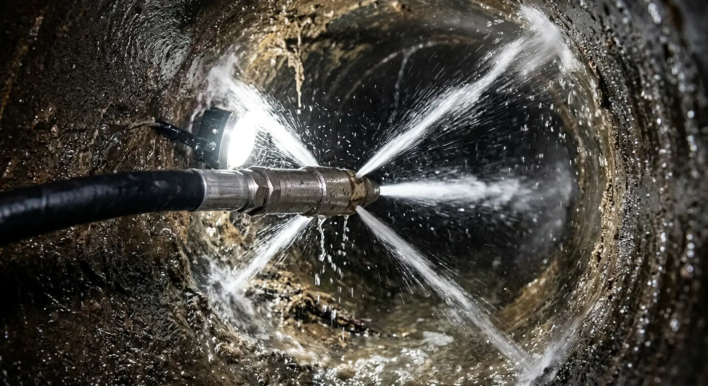 High-pressure hydro jetting nozzle cleaning sewer pipe for Trenchless Sewer Repair in Flatwoods