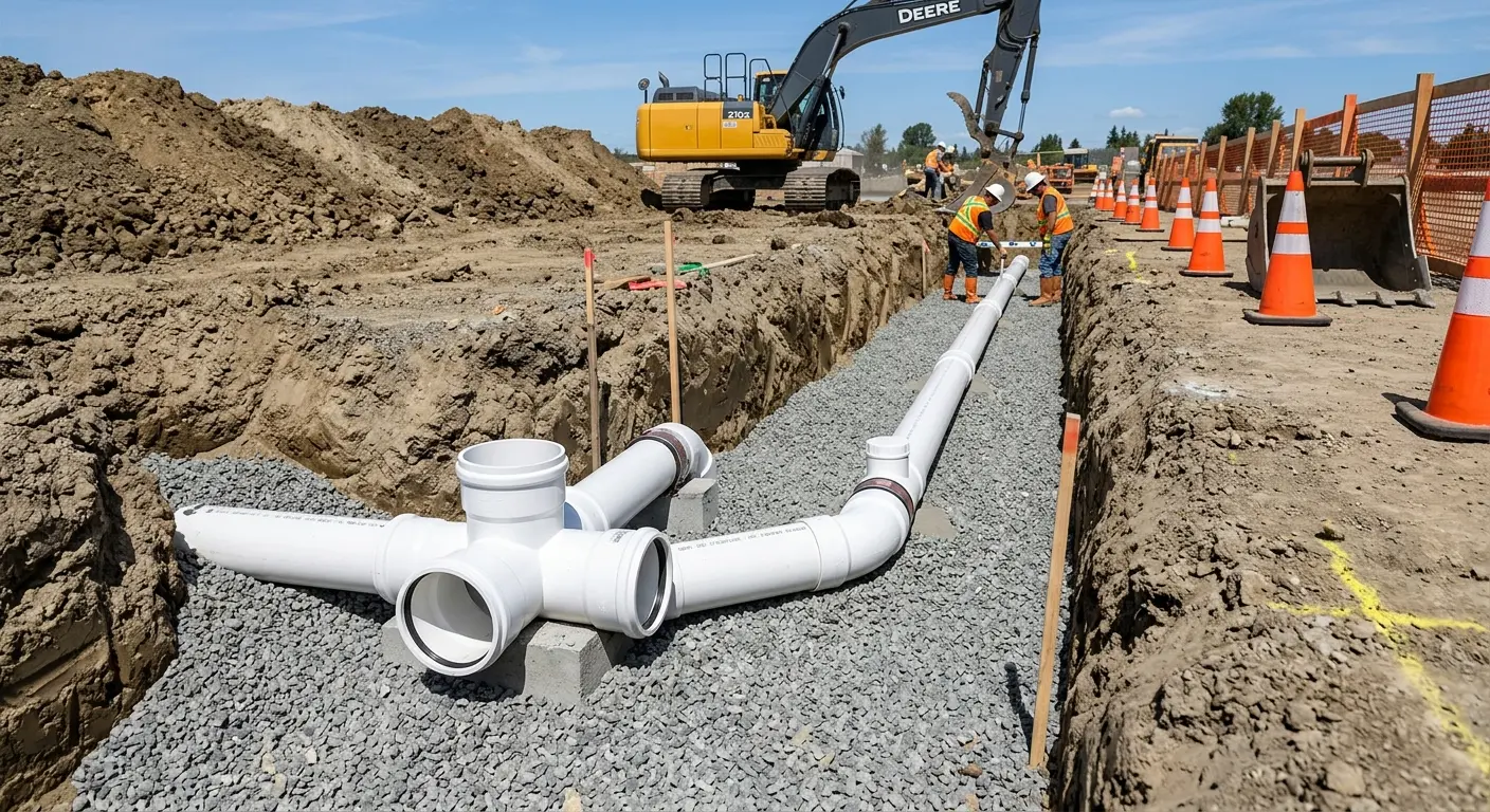 New PVC sewer pipe installation in open trench for Commercial Drain Cleaning in Flatwoods