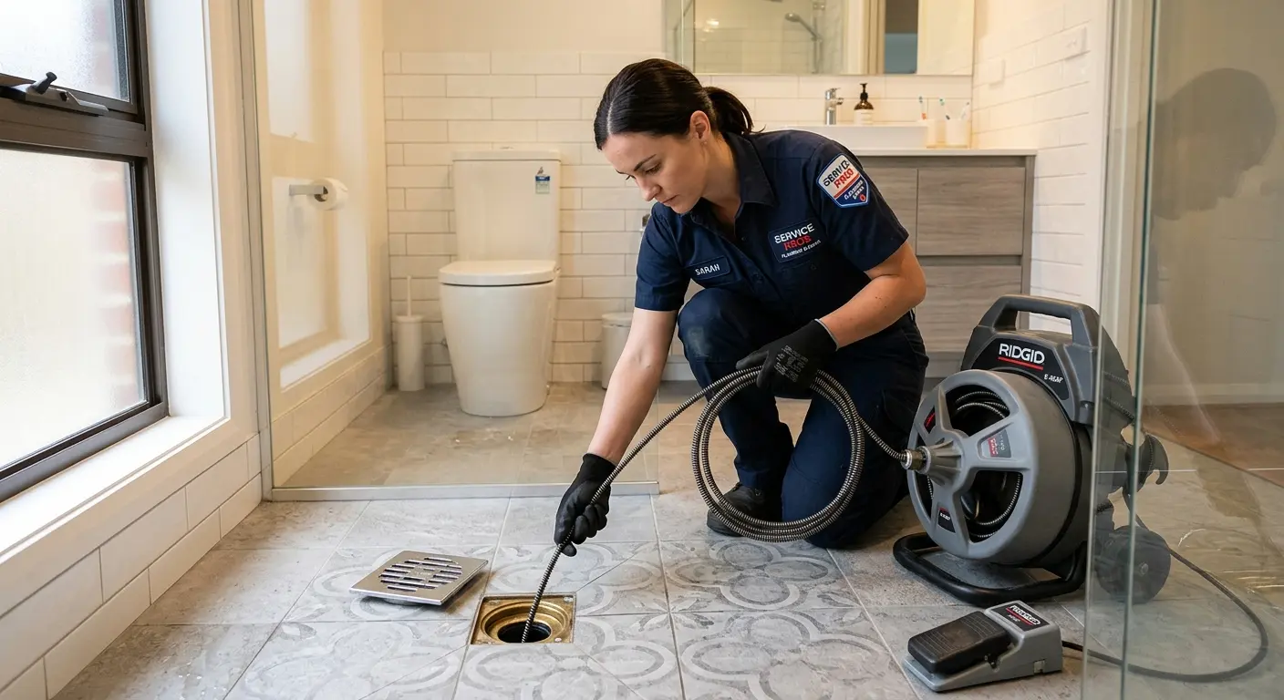 Technician clearing a bathroom floor drain for Clogged Drain Repair in Flatwoods